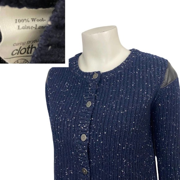 NWT Navy Blue Flecked Leather Wool Button Up Cardigan Sweater / Small * - Picture 3 of 4